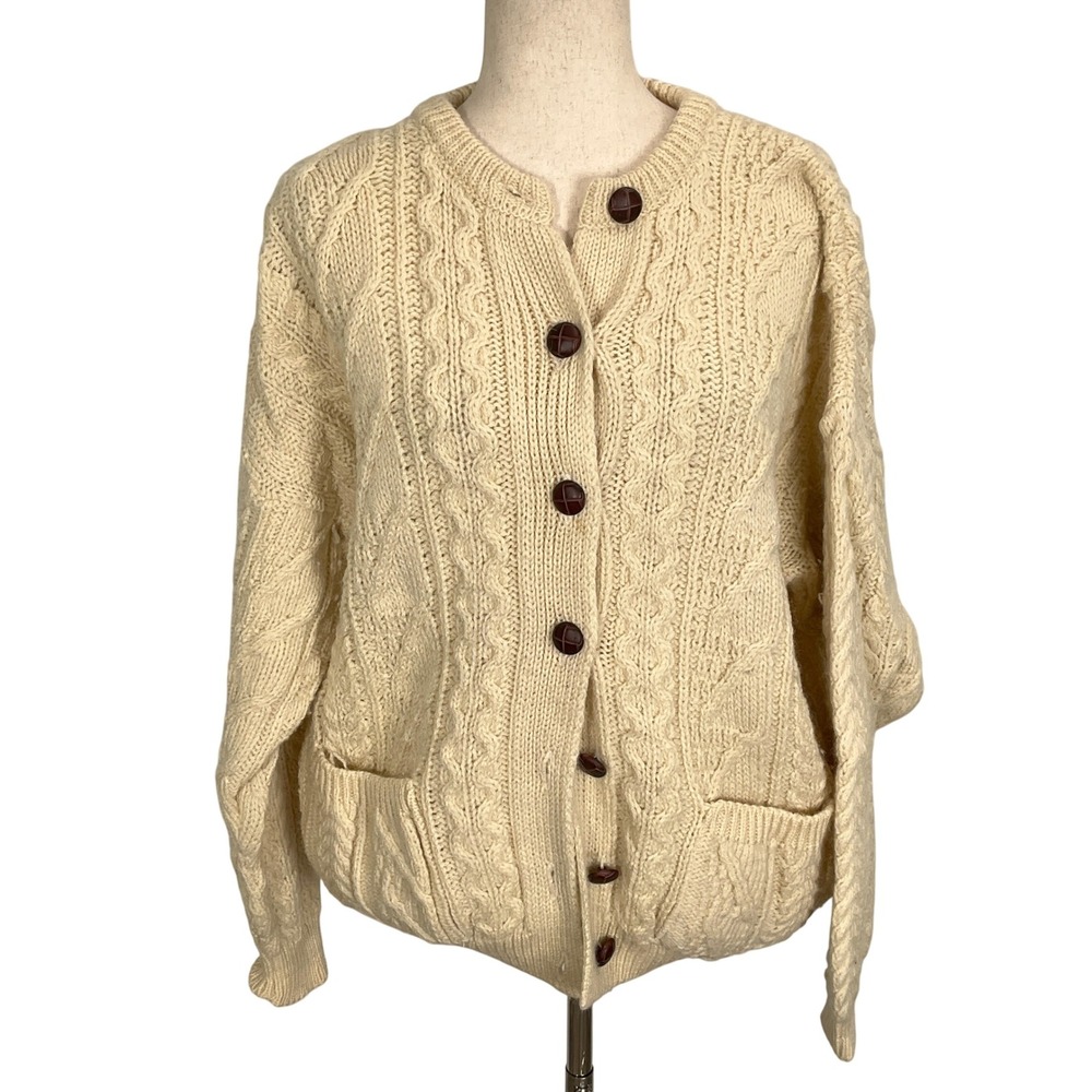 Mckenna's Highland‎ Heritage Cardigan Women XLarge Ivory Cable Wool Sweater UK